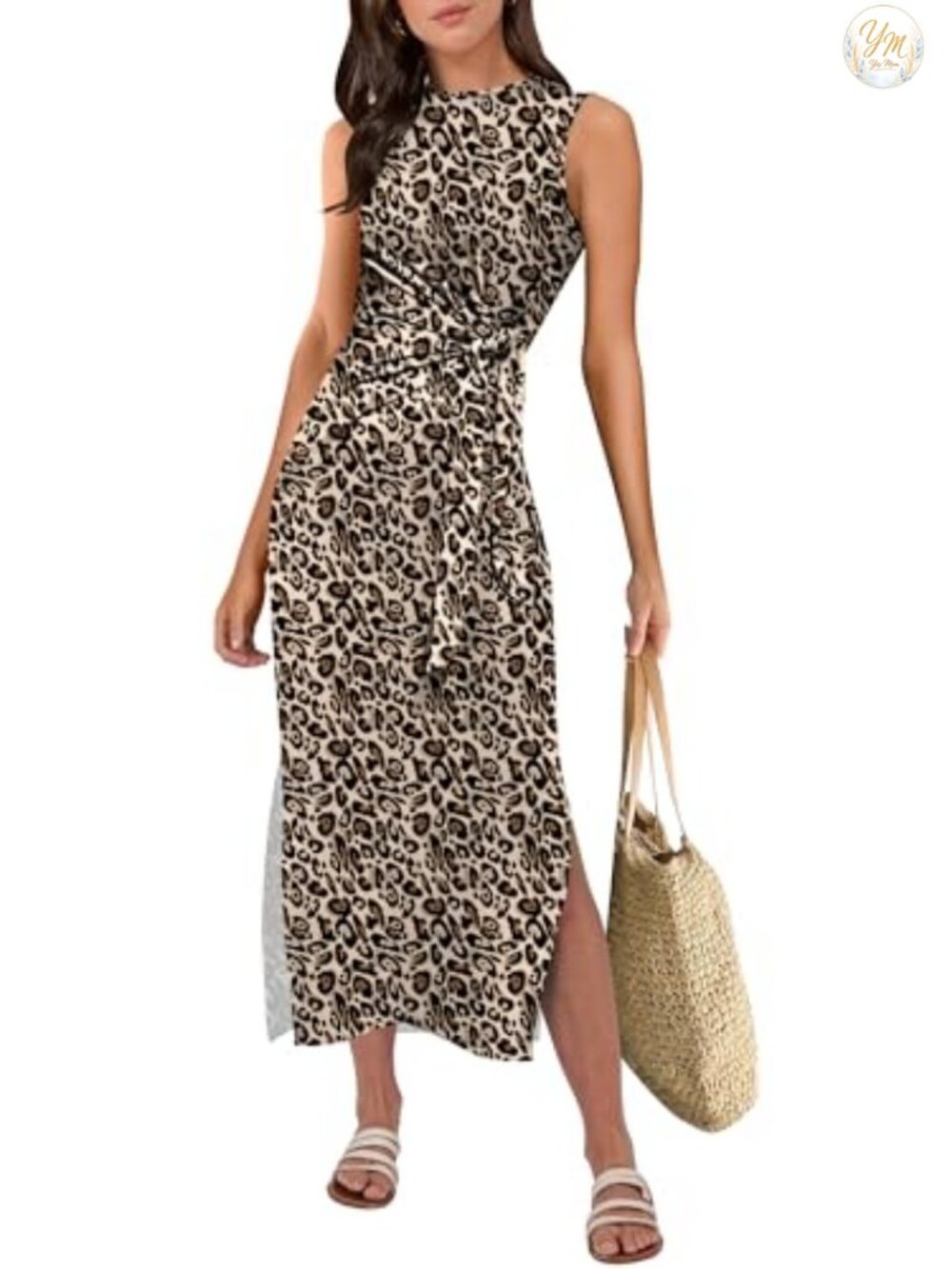 Slim Fit Tie Waist Split Tank Midi Dress Sleeveless Summer Casual